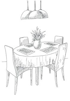 a drawing of a dining room table with four chairs and a pineapple on it