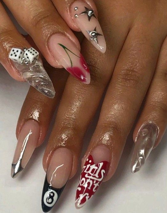 Summer Edgy Nails, Puerto Rican Nails Acrylics, Jewelry Nail Art, Ed Hardy Nails, Almond Shaped Nails, Nail Design Glitter, Vegas Nails, Kutek Disney, Unghie Sfumate