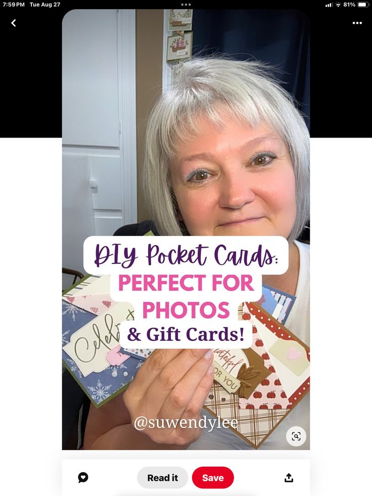 a woman holding up a sign that says play pocket cards perfect for photos and gift cards