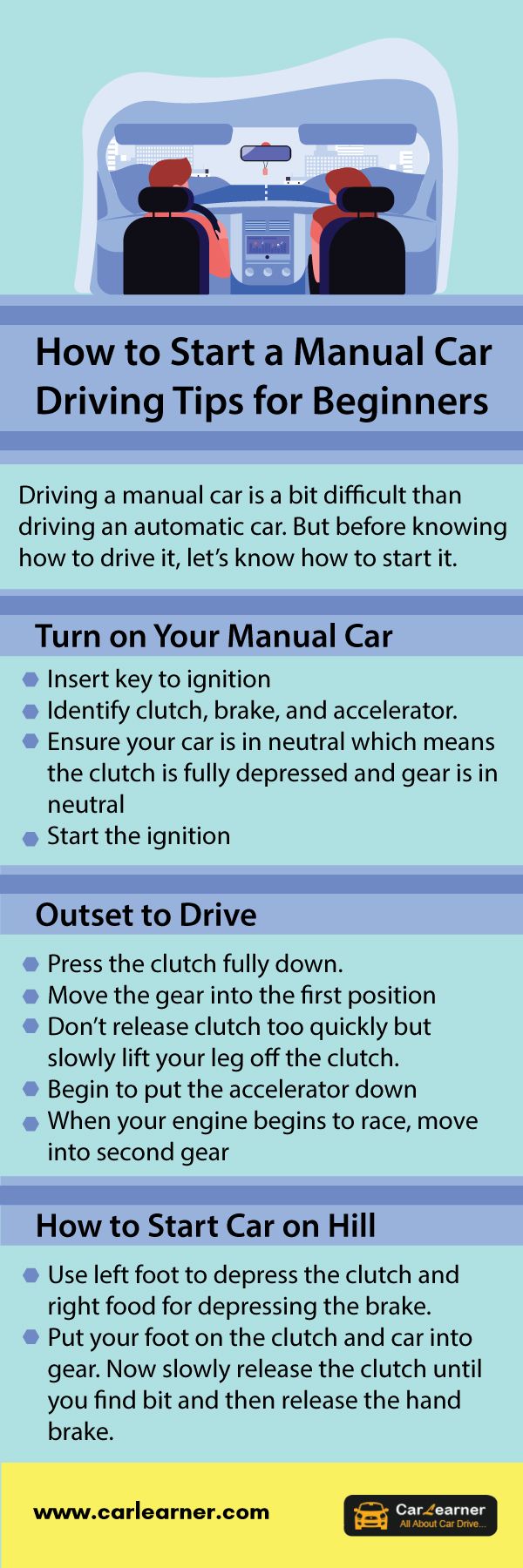 how to start a manual car driving tips for beginners info sheet with instructions and pictures