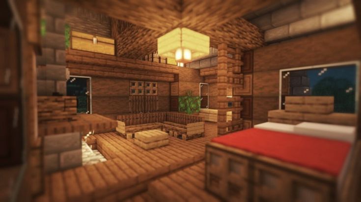 the interior of a bedroom in minecraft with wood flooring and red bedding