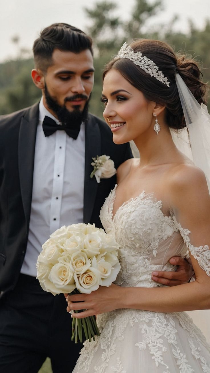 a bride and groom standing together in front of some trees wearing tuxedos, veils and tiaras