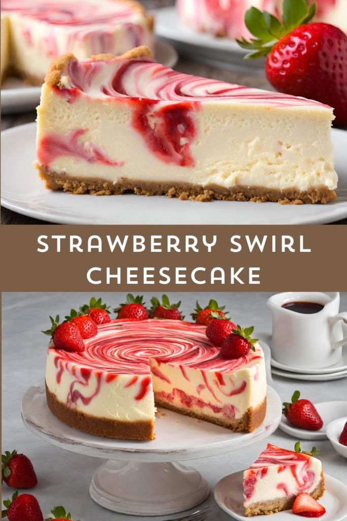 strawberry swirl cheesecake on a white plate with strawberries