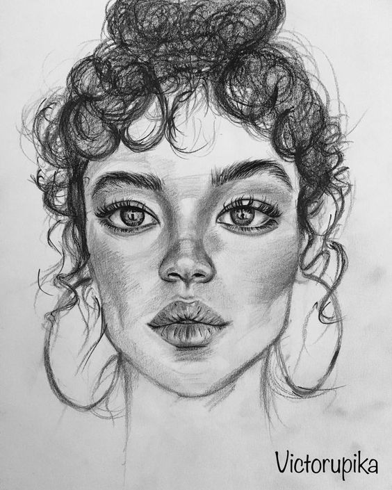 a pencil drawing of a woman's face with curls on her head and eyes