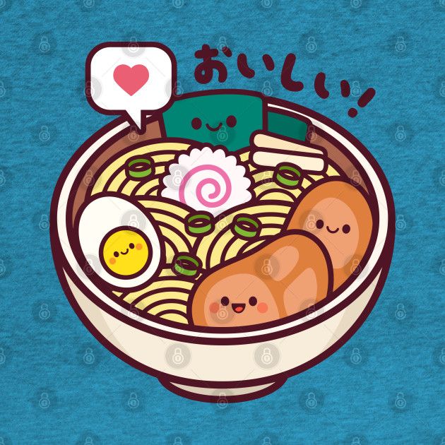 a bowl of noodles and eggs with an emoticive message