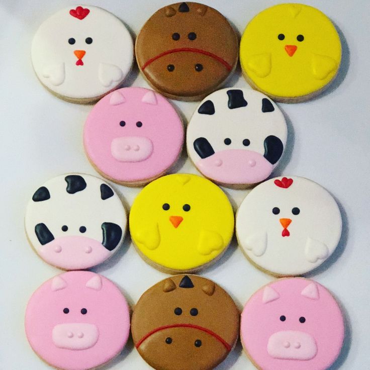 several decorated cookies are arranged in the shape of farm animals