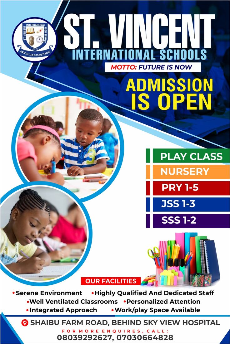 the flyer for st vincent international school, which is open to students in their class