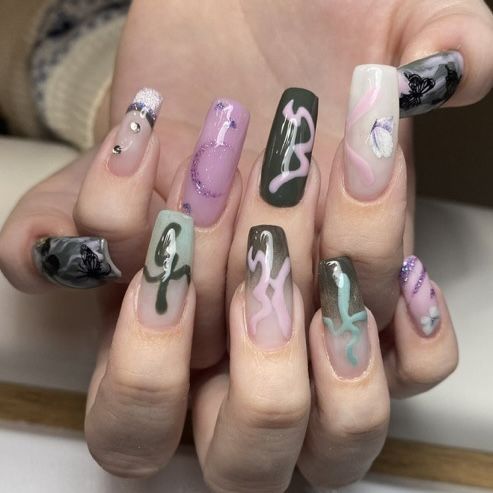 Kpop Acrylic Nails Ideas, Txt Inspired Nails Temptation, Txt Nails Designs Loser Lover, K-pop Nail Ideas, Txt Nail Inspired, Txt Nail Art, Txt Concert Outfit Sweet Mirage, Txt Sweet Mirage Outfits, K Pop Nails Txt