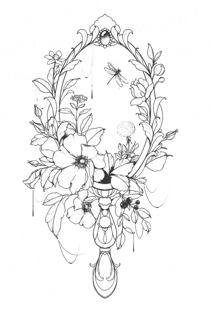 a drawing of flowers in a vase with leaves and butterflies on the side, surrounded by an oval frame