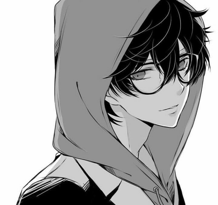 an anime character with glasses and a hoodie over his head, looking to the side