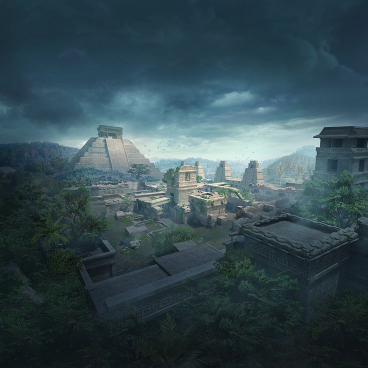 an aerial view of ancient ruins and pyramids in the jungle with dark clouds overhead