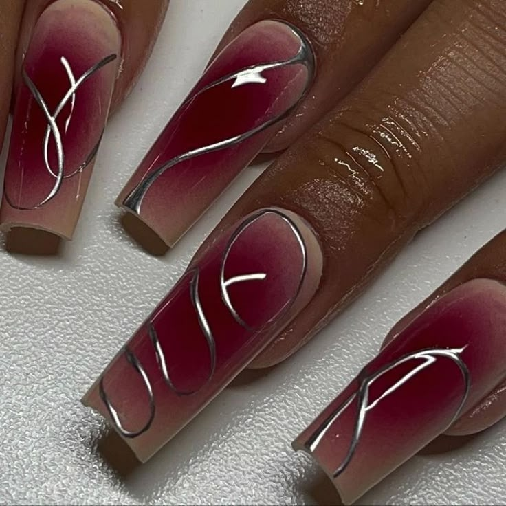 Nails Inspo Baddie Medium, Clear Aura Nails, Summer Nail Ideas Acrylic Coffin, Air Brushed Nails, Red Airbrush Nails, Old Hollywood Nails, Retro Nails Vintage, Pink Acrylic Nails Square, Clear Nails Acrylic