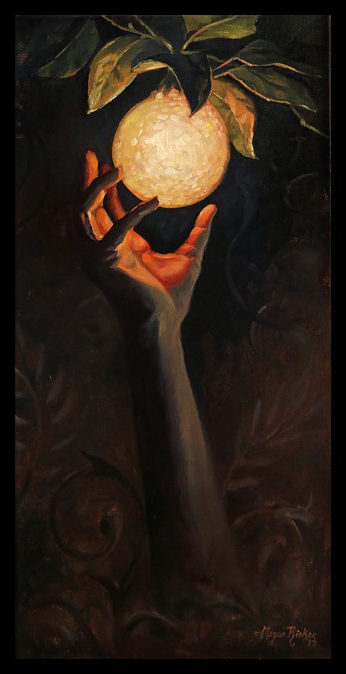 a painting of a hand holding an apple