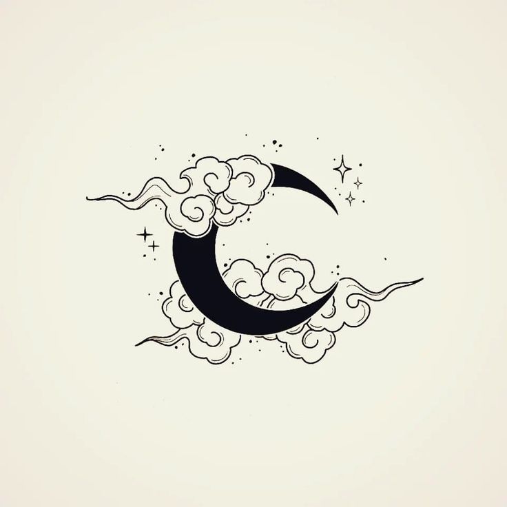 a crescent moon with clouds and stars in the sky