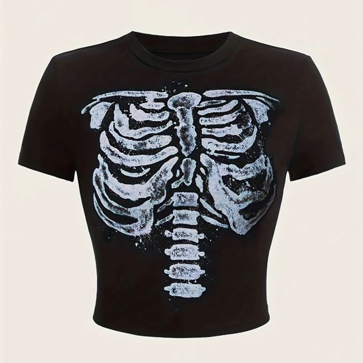 Short Sleeve Slightly Cropped Skeleton/Ribcage Graphic Tee! I Am Typically A M/L In Tops And I Found It To Be A Little Big In The Chest/Shoulders So I Would Say It Is True To Size Xl. Very Stretchy And Soft - 95% Poly 5% Elastane. New/Never Worn! Sheer T Shirt, Skeleton Shirt Aesthetic, Ribcage Bleach Shirt, Goth Clothes Women, Skeleton Shirt Design, Bleached T Shirt Designs, Tight Shirts For Women, Unique Graphic Tees, Vampy Clothes