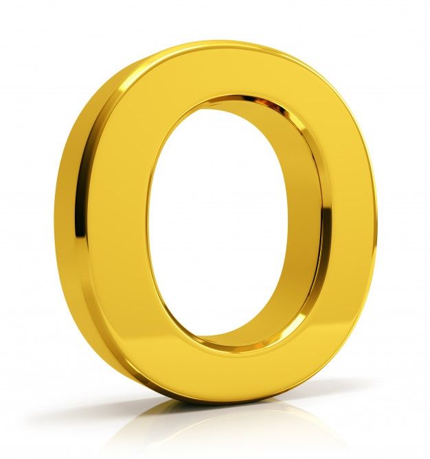 the letter o is made out of shiny gold metal and has a reflection on it