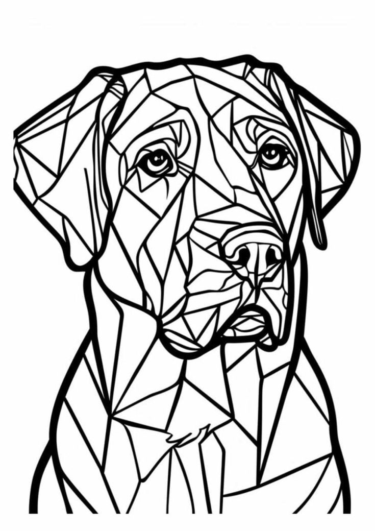 a black and white drawing of a dog's face with geometric shapes on it