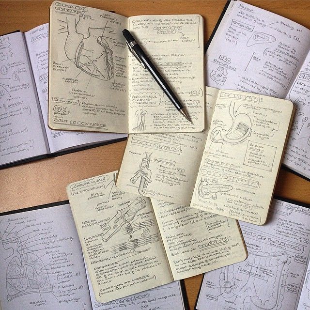 several notebooks with drawings on them and a pen