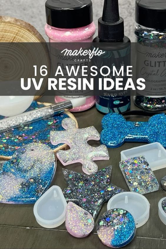 some glittery items are on a table with the words 16 awesome u - resinin ideas