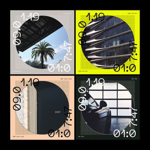 four different circular images with numbers and palm trees in the middle one has an open book on it