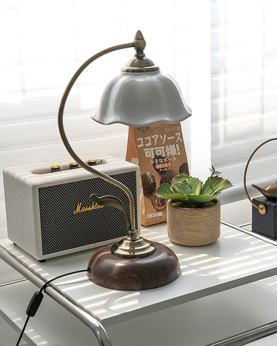 a table with a lamp, radio and plant on it