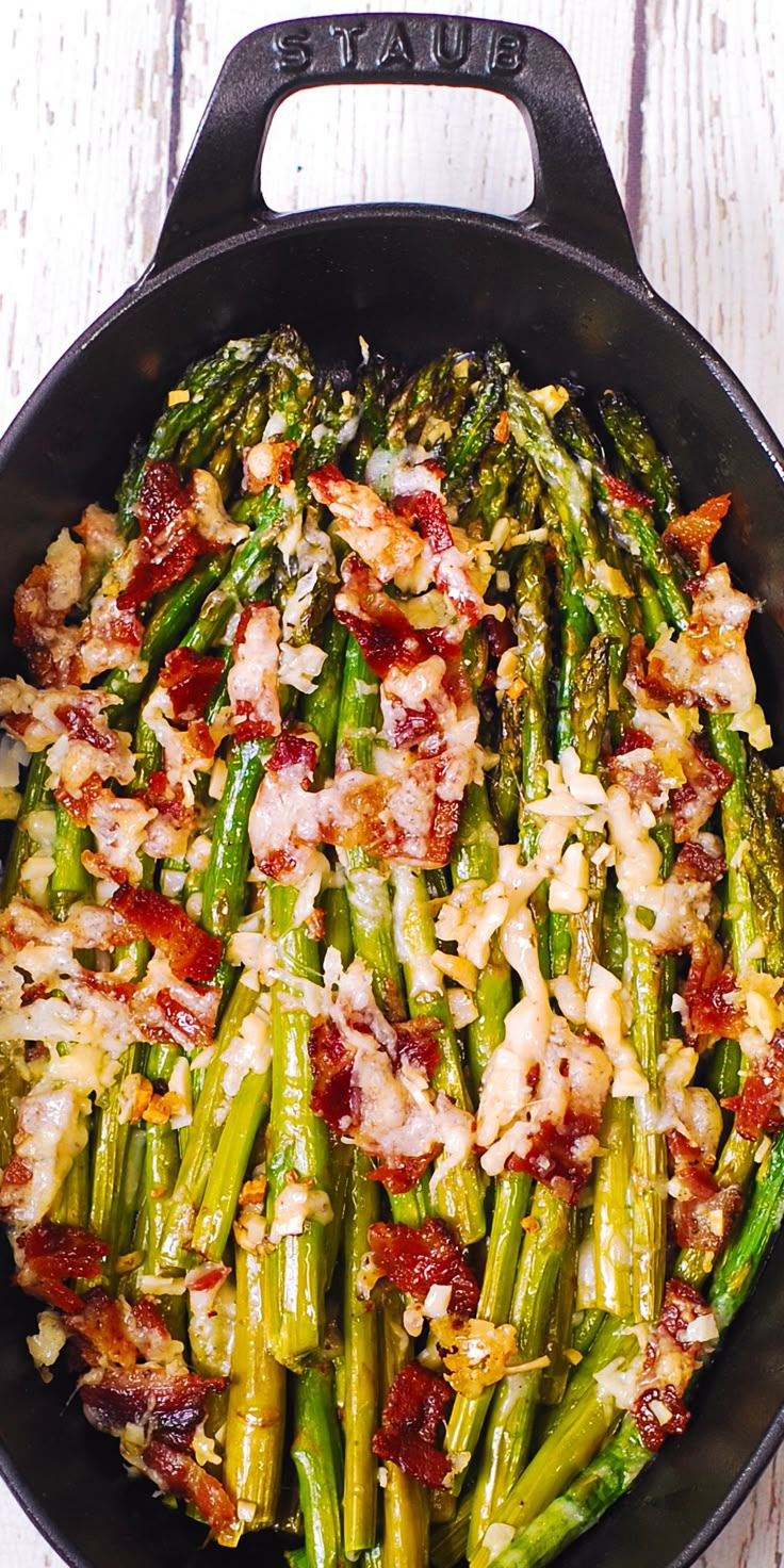 asparagus with bacon and parmesan cheese in a skillet