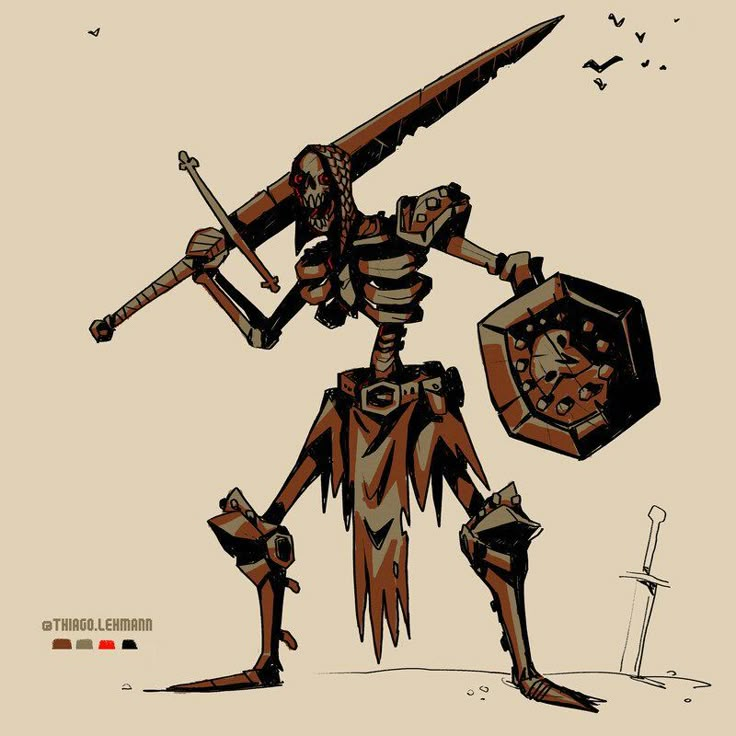 a drawing of a skeleton holding two swords