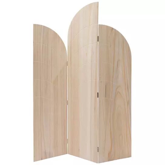 a wooden room divider that is open to show the wood grains on it