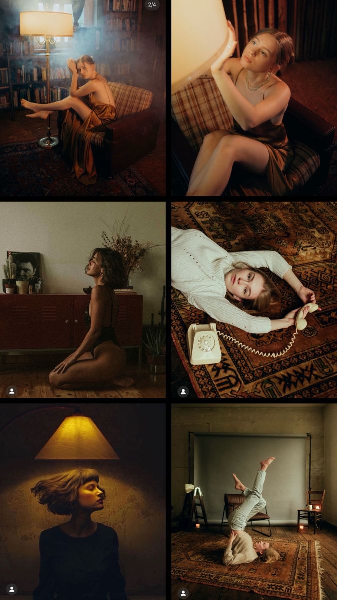 four different shots of women sitting on couches in the living room, one with her hands up