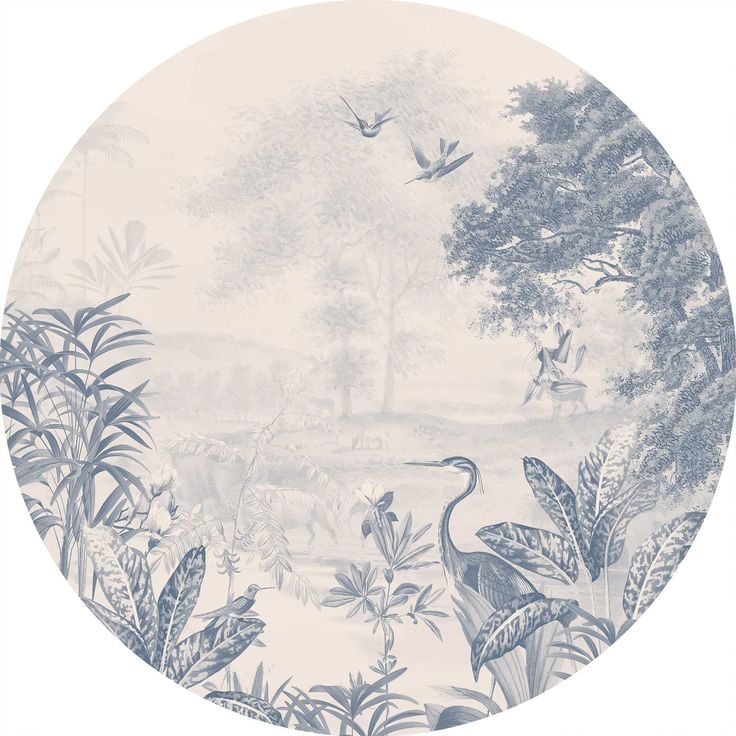 an image of a painting with birds and plants in the foreground, on a white background