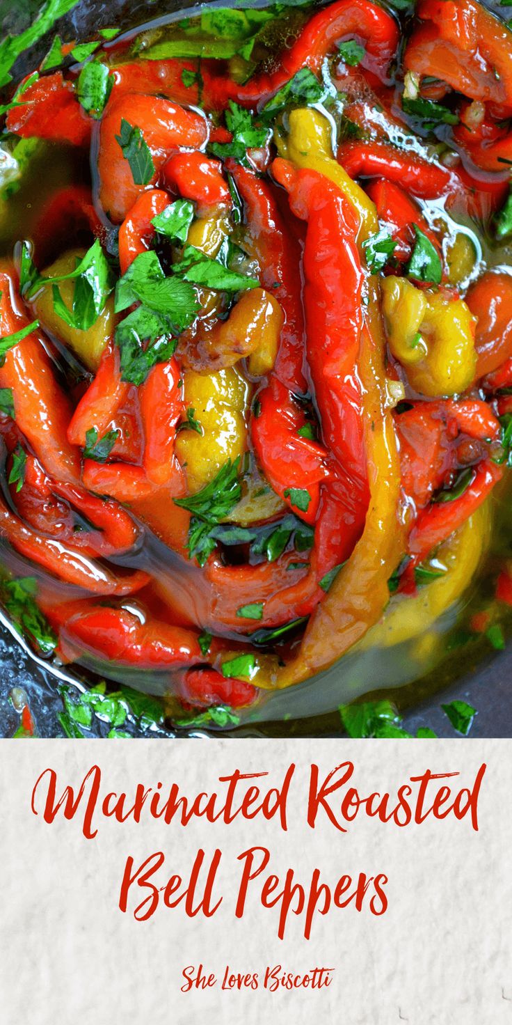 an image of red and yellow peppers in a pan with the words, illuminated kersted bell peppers