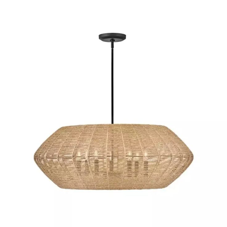 a light fixture with a woven shade hanging from it's ceiling, on a white background