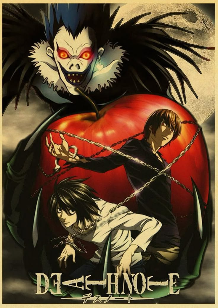 two anime characters in front of a giant red apple with chains hanging from it's sides