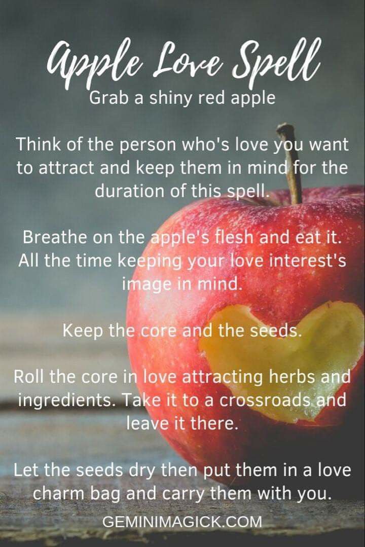 an apple sitting on top of a wooden table next to a poem that reads, apple love spell