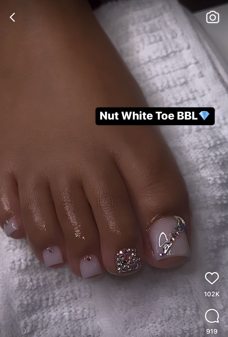 Pedicure With Gems Rhinestones, Pedicures With Rhinestones, Black Toe Nails With Rhinestones, Toe Nail Designs With Rhinestones Bling, Rhinestone Pedicure Designs, Toe Rhinestones Design, French Tip Toe Nails With Rhinestones, White French Tip Toes With Rhinestones, White Acrylic Toes Ideas