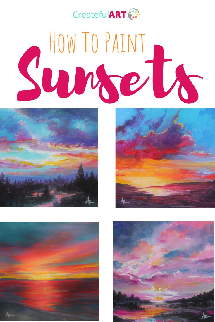 four different sunset paintings with the title how to paint sunsets