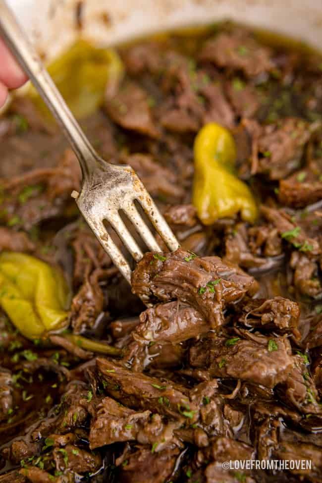 a person holding a fork in a pot full of beef and peppers