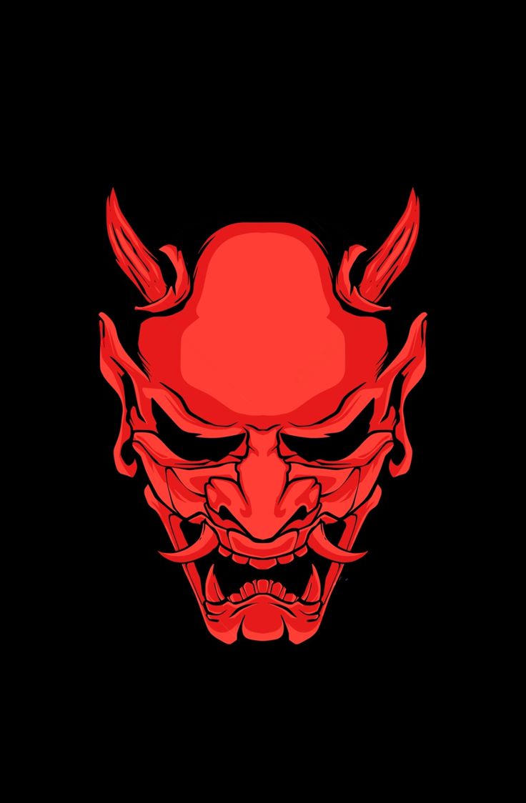 a red demon with horns and fangs on it's face, against a black background