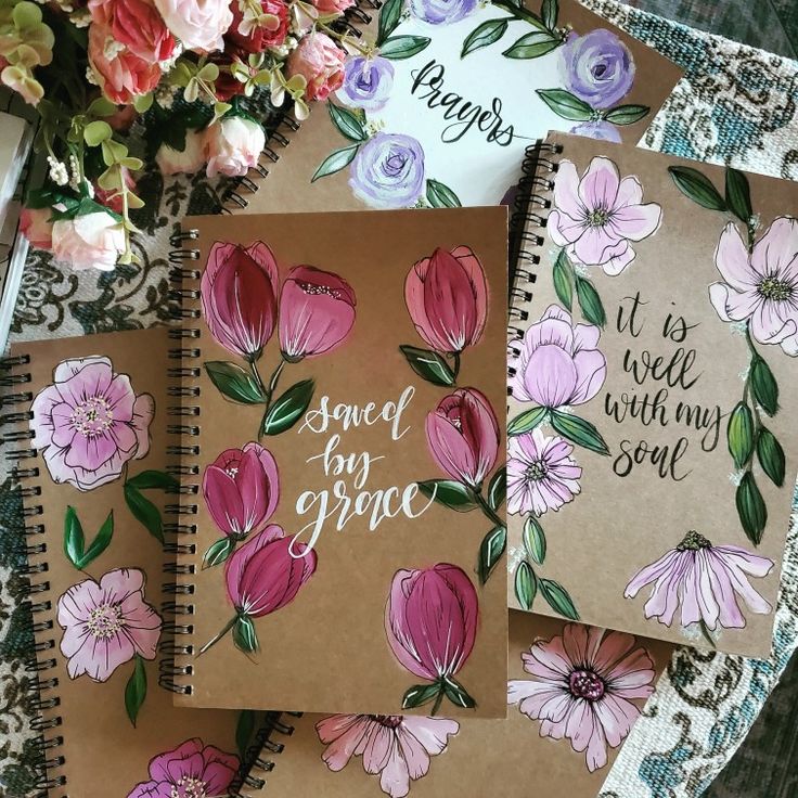 three notebooks with flowers on them sitting next to each other and the words sweet for my soul written in cursive writing