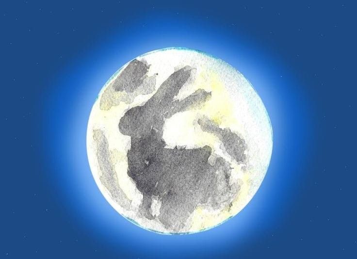 a drawing of a rabbit on the moon with blue sky in the backgroud