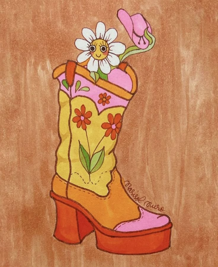 a drawing of a boot with flowers and a cowboy hat on the inside, painted in acrylic