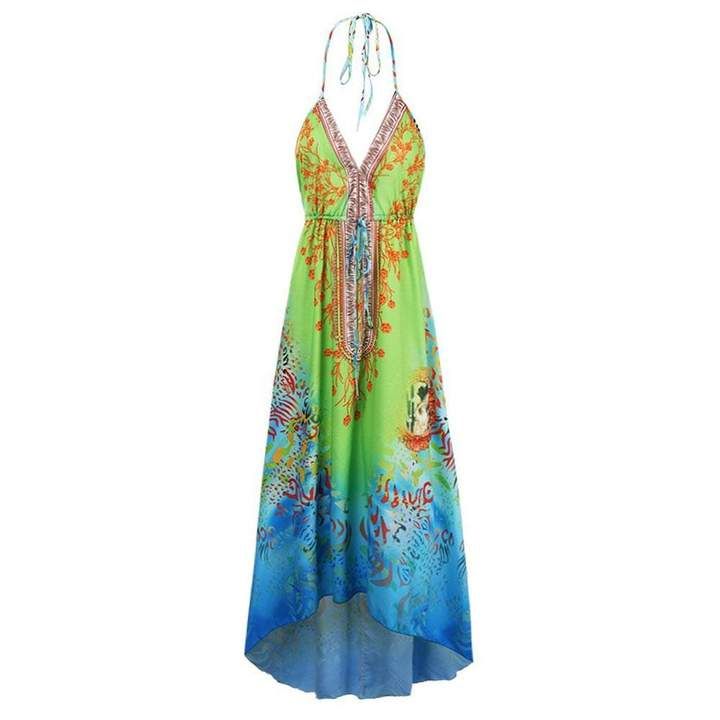 The perfect dress for a day out or a night out on the town. Flowy, colorful and fun, this is the summer dress of your dreams.     100% Polyester  Small:  44" Length, 75" Hem, 32" Waist Medium:  45" Length, 77" Hem, 34" Waist Large:  46" Length, 79" Hem, 36" Waist XL:  47" Length, 81" Hem, 38" Waist V-neck Maxi Dress For Beach Cover-up In Summer, Multicolor Print V-neck Midi Dress For Vacation, Floral Print V-neck Dress For Beach Party, Spring V-neck Sundress Halter Dress, Vibrant V-neck Maxi Dress For Spring, V-neck Sundress For Summer Beach Cover-up, Casual Flowy Midi Dress For Beach Cover-up, Flowy Casual Midi Dress For Beach Cover-up, Summer Flowy V-neck Halter Dress