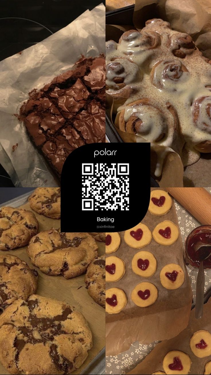 some cookies and pastries on a table with a qr code sticker next to them