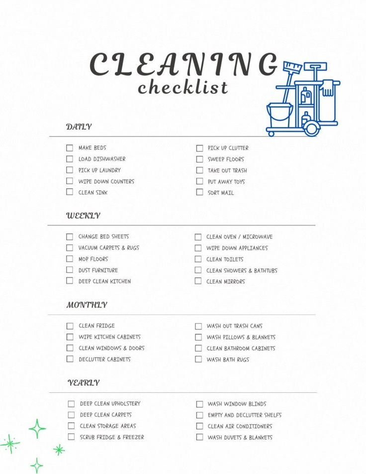 a cleaning checklist with green stars on it