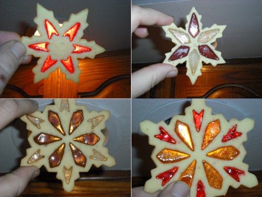 four different pictures of snowflake cookies being made