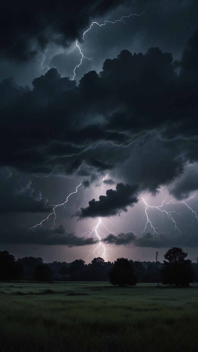 the sky is filled with lightning as it breaks through the clouds over a grassy field