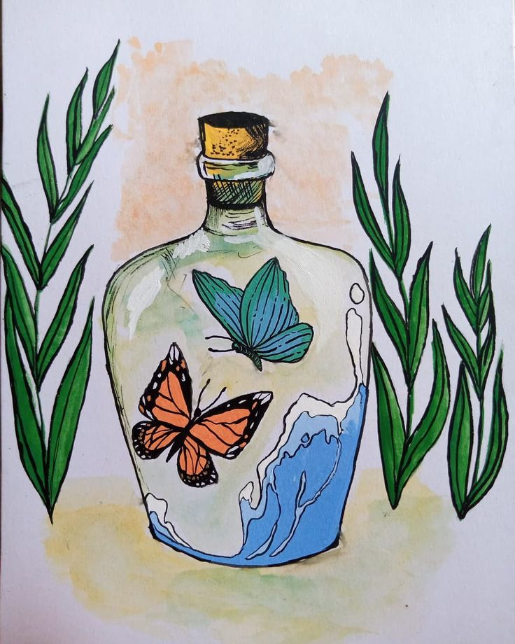 a drawing of a glass bottle with butterflies on it and green leaves around the top