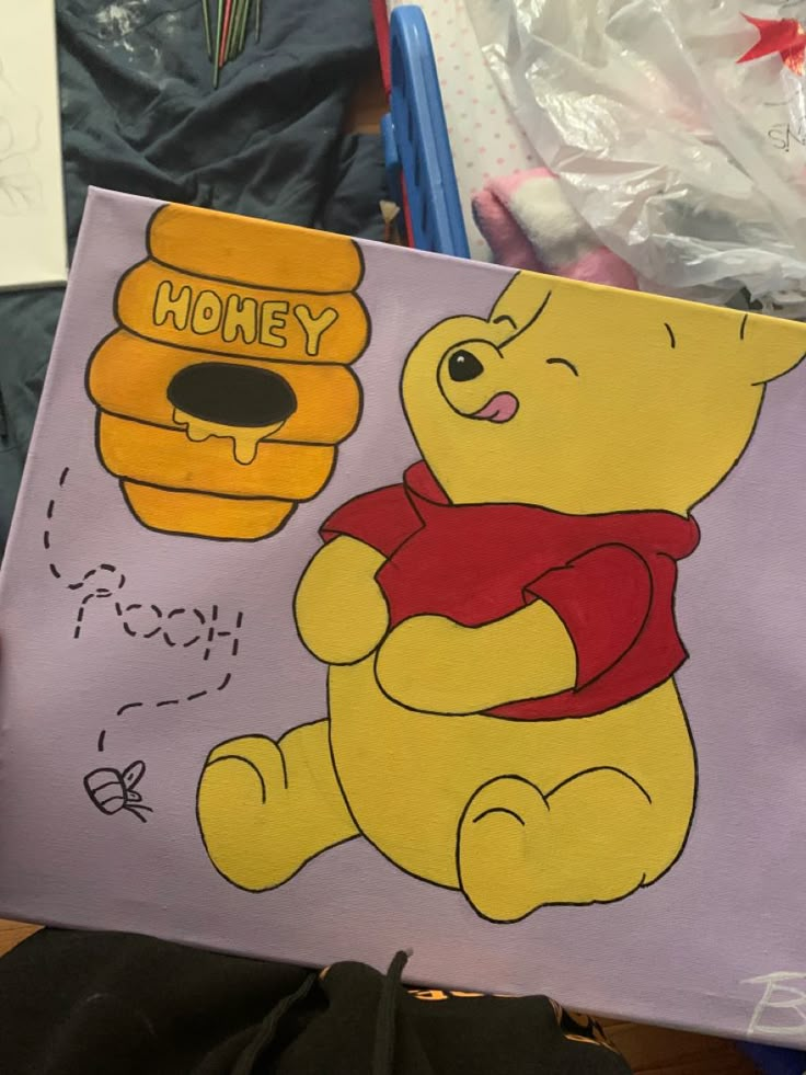 Canvas Art Designs Disney Easy Paintings Canvases, Things To Paint Characters, Disney Character Canvas Painting, Easy Birthday Paintings, Cartoon Art Painting Easy Cute, Fun Cute Drawings, Cute Funny Paintings Easy, Goofy Painting Ideas, Winnie Pooh Painting