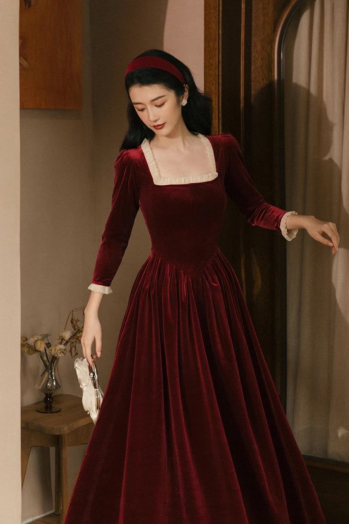 Even princesses get cold when the temperature drops. Maintain your stature and silhouette in this velvet dress that features a square neckline, 3/4 length sleeves, both adorned with frilly details, basque waistline and twirly midi skirt. Matches perfectly with a corset to further accentuate your figure. Opens easily with a concealed side zipper and fabric has stretch. S: 33" chest, 26.5" waist, 43" lengthM: 34.5" chest, 28" waist, 43" lengthL: 36" chest, 29.5" waist, 43.5" lengthXL: 37.5" chest, Velvet Vintage Dress, Velvet Dress Formal, Dinner Dresses, Purple Velvet Dress, Vintage Velvet Dress, French Dress, Formal Wear Dresses, Long Sleeve Prom, Red Velvet Dress