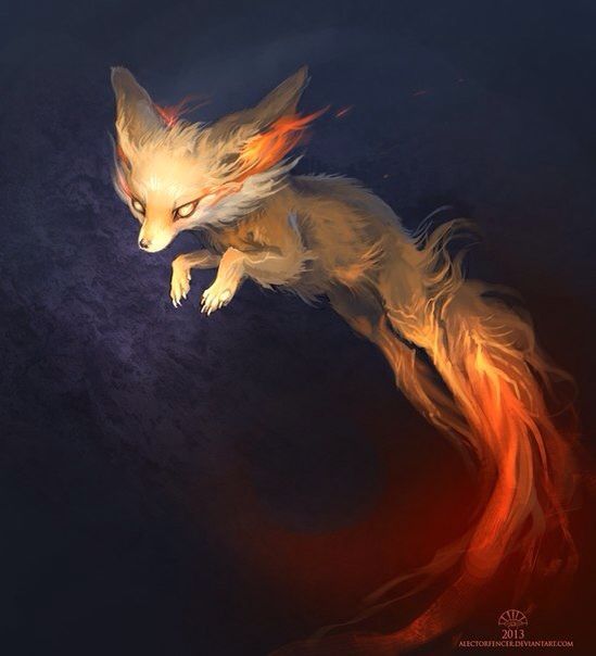 a painting of a fox flying through the air with its tail curled up and eyes open